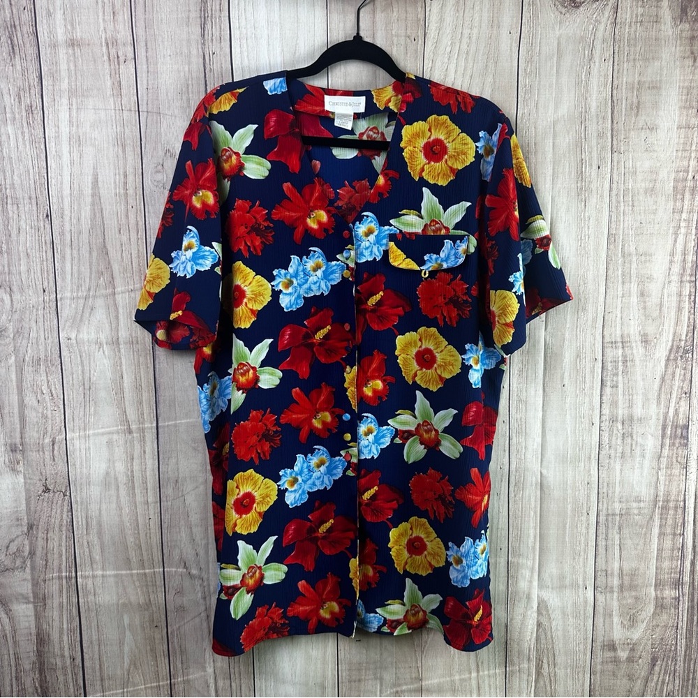 Vintage Christie & Jill Vibrant Floral Blouse - Red, Yellow, Blue